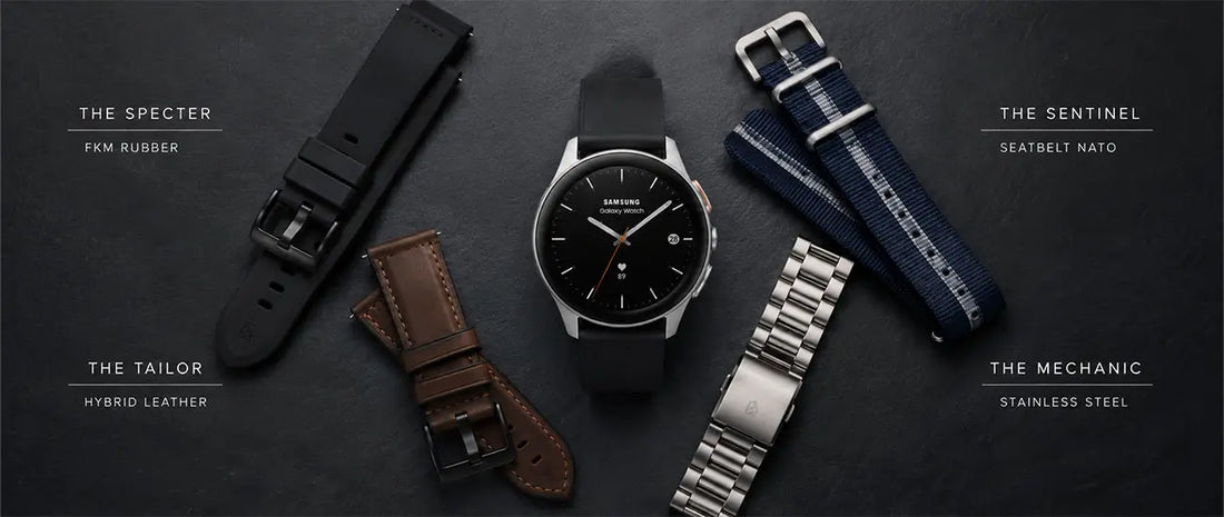 Samsung Galaxy Watch 6 bands compared — FKM rubber, NATO, leather, and stainless steel strap options laid flat beside Galaxy Watch
