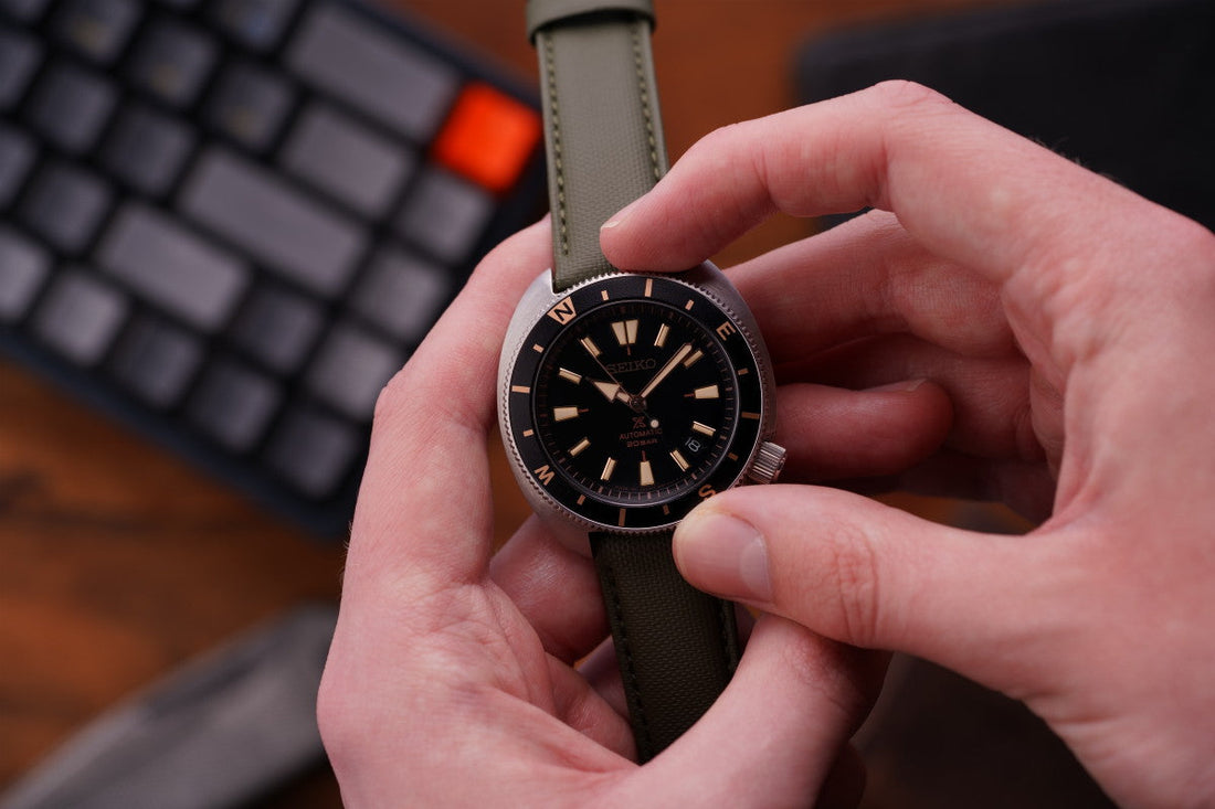 Seiko Prospex SRPG17J paired with The Harbour waterproof strap in Army Green