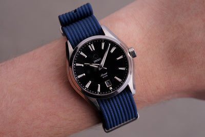 Erebus Ascent 39mm black dial with blue NATO Strap wrist shot
