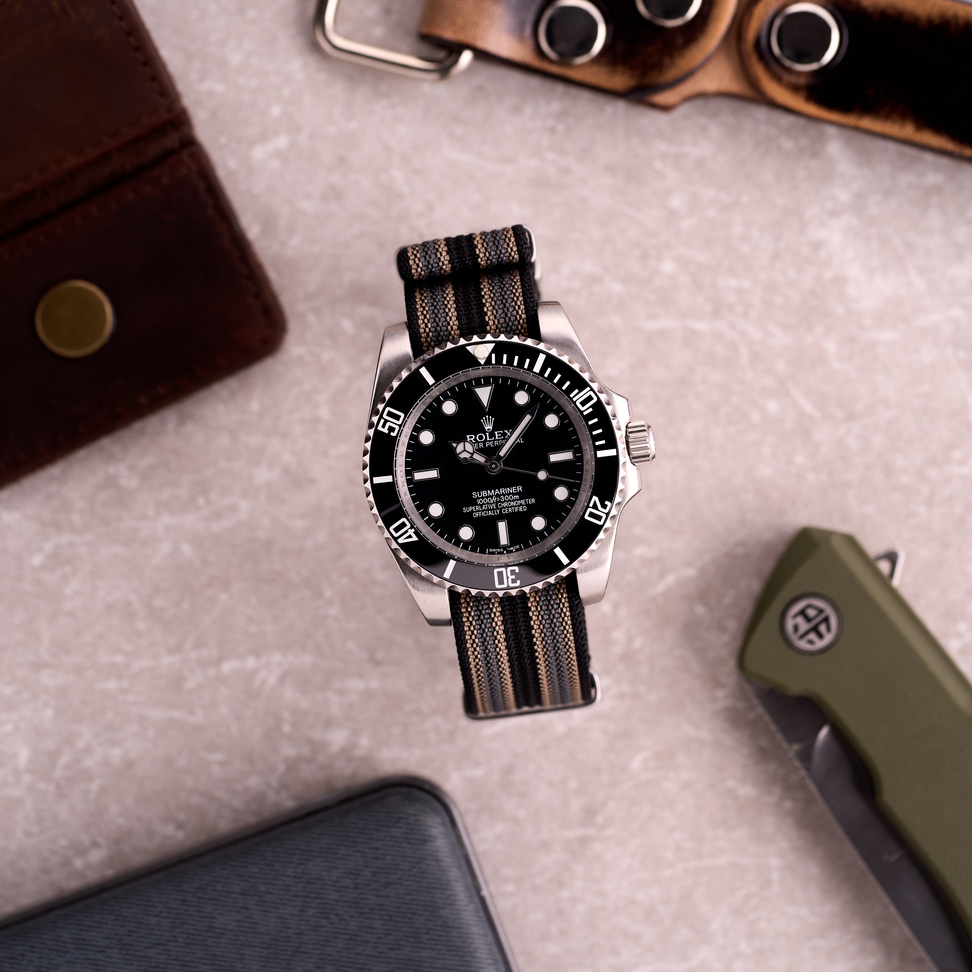 The Operator - Black, Khaki & Grey Stripe NATO Strap