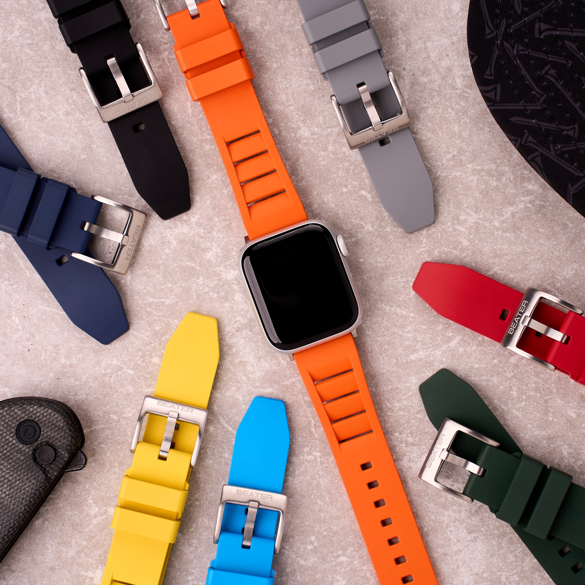 The Bastion FKM rubber Apple Watch band, colour range laid out together