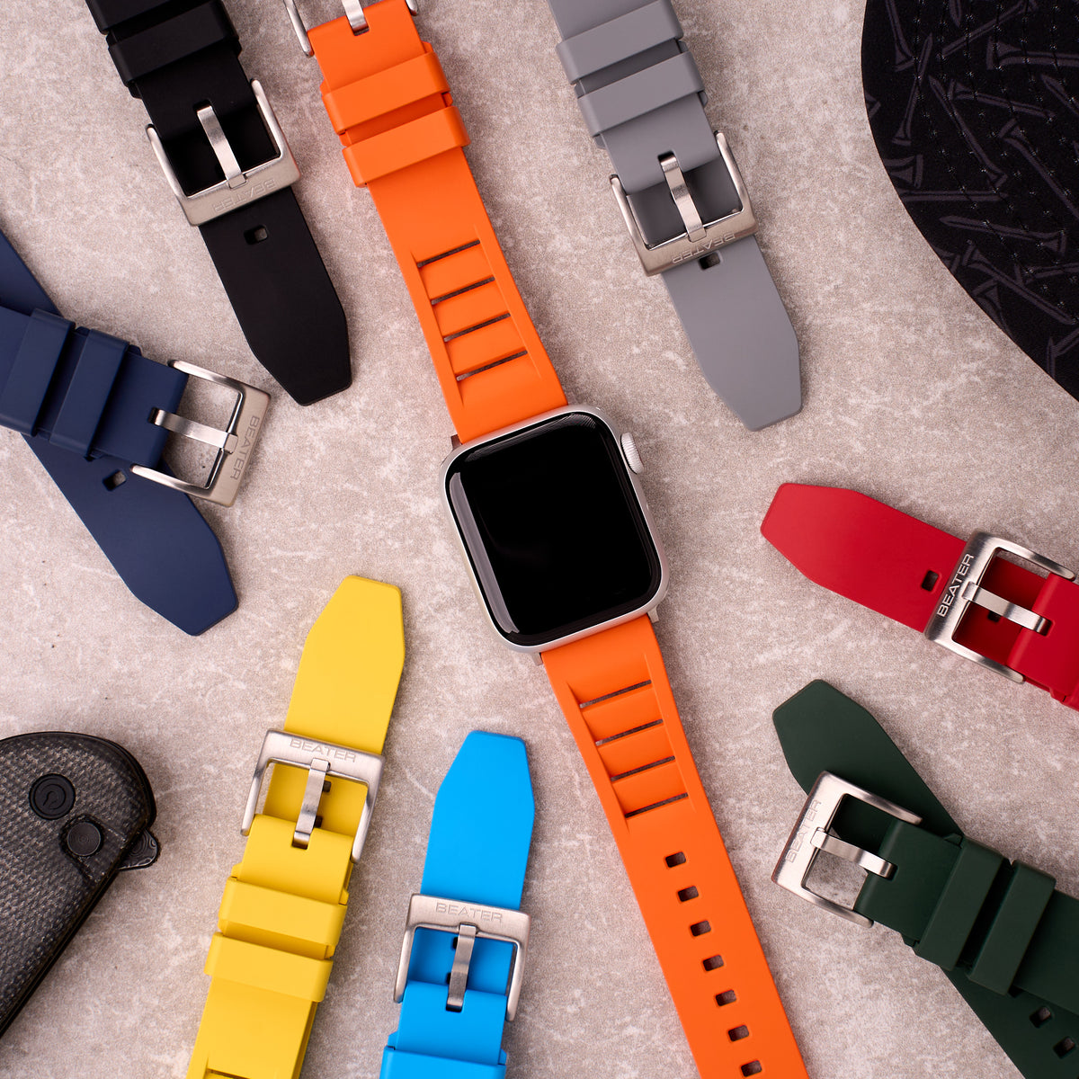 The Bastion FKM rubber Apple Watch band, colour range laid out together
