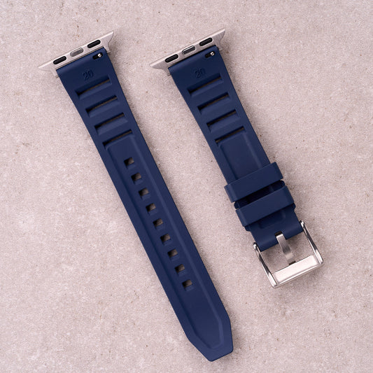 The Bastion FKM rubber Apple Watch band in Navy Blue, back view showing the quick release pin and strap size marking