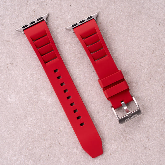 The Bastion FKM rubber Apple Watch band in Red, front view showing the full strap and buckle