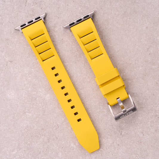 The Bastion FKM rubber Apple Watch band in Yellow, front view showing the full strap and buckle