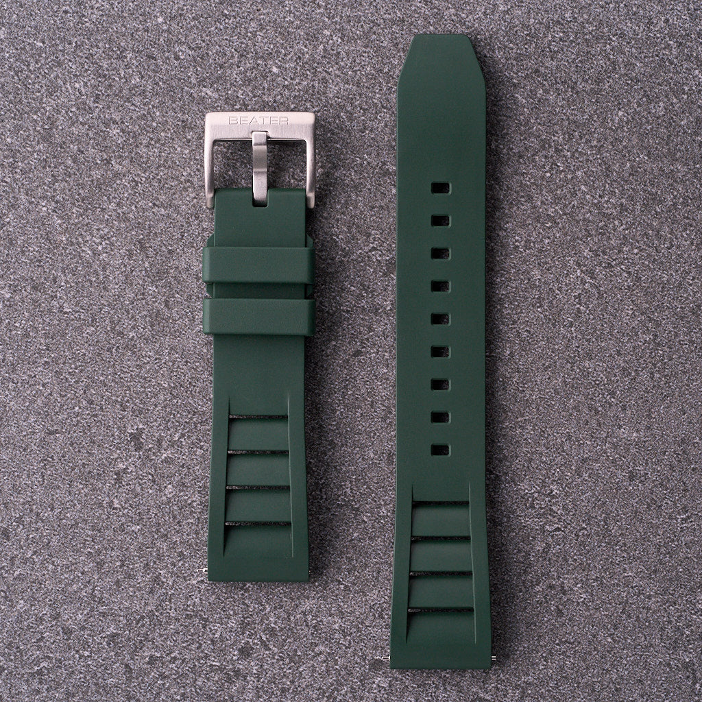Forest green The Bastion FKM rubber watch strap in 20mm 22mm and 24mm, durable waterproof band for field and everyday watches.