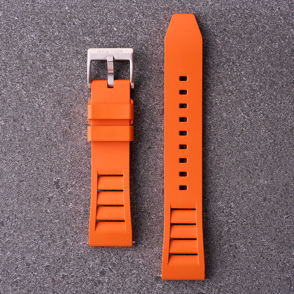 Orange The Bastion FKM rubber watch strap 20mm 22mm and 24mm, bright waterproof replacement band for sport and dive watches.