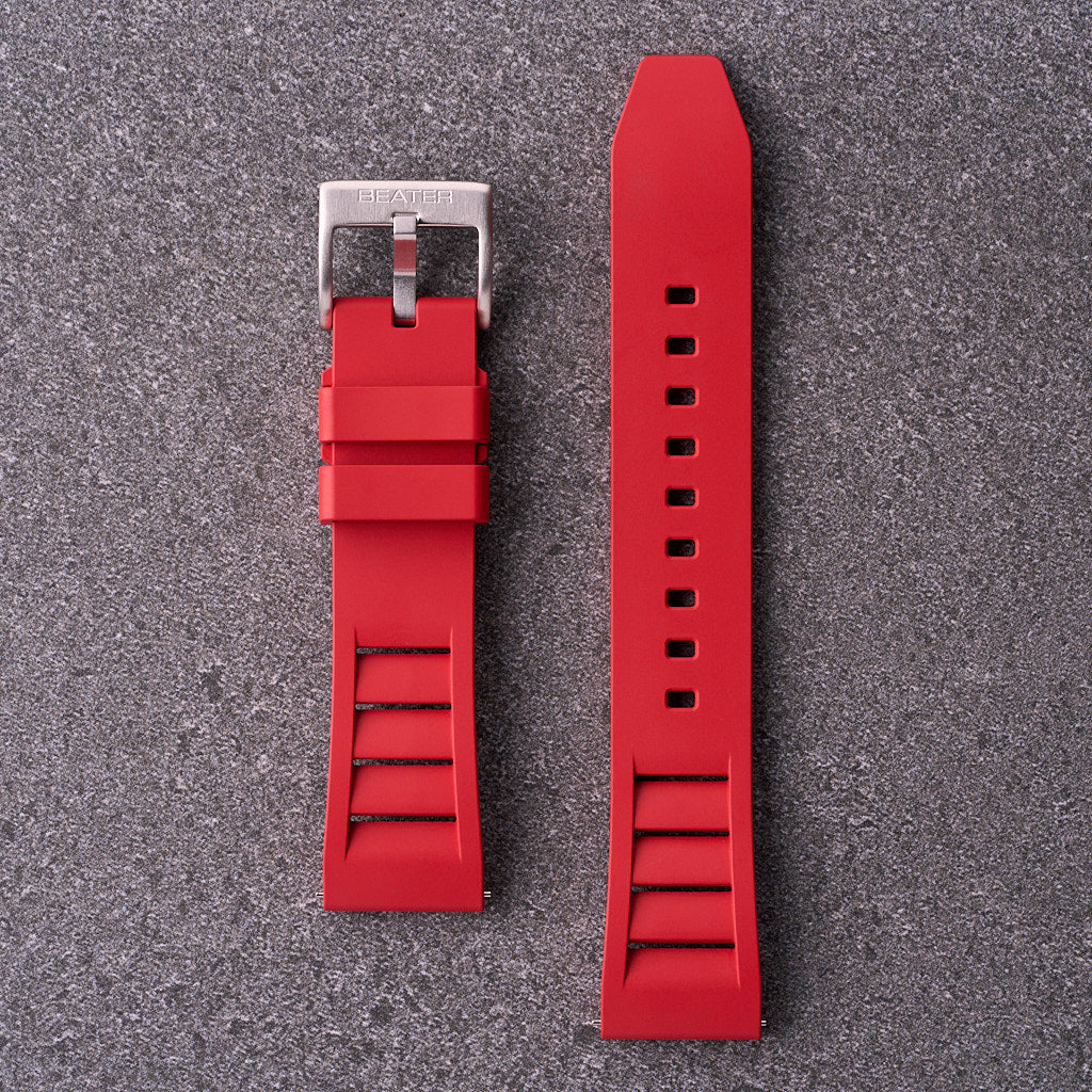 Red The Bastion FKM rubber watch strap 20mm 22mm and 24mm, bold waterproof replacement band for sport and everyday wear.