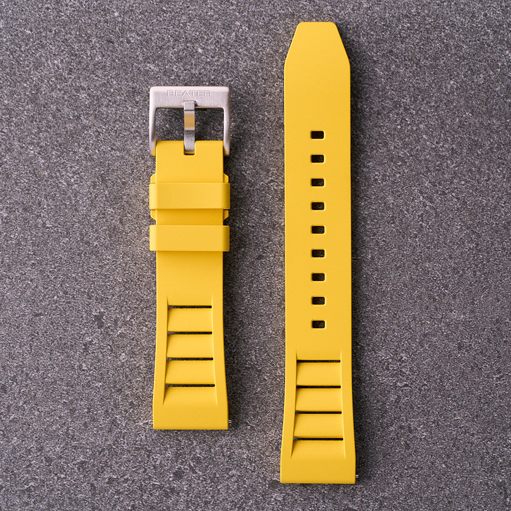 Yellow The Bastion FKM rubber watch strap in 20mm 22mm and 24mm, bright waterproof replacement band for dive and sport watches.