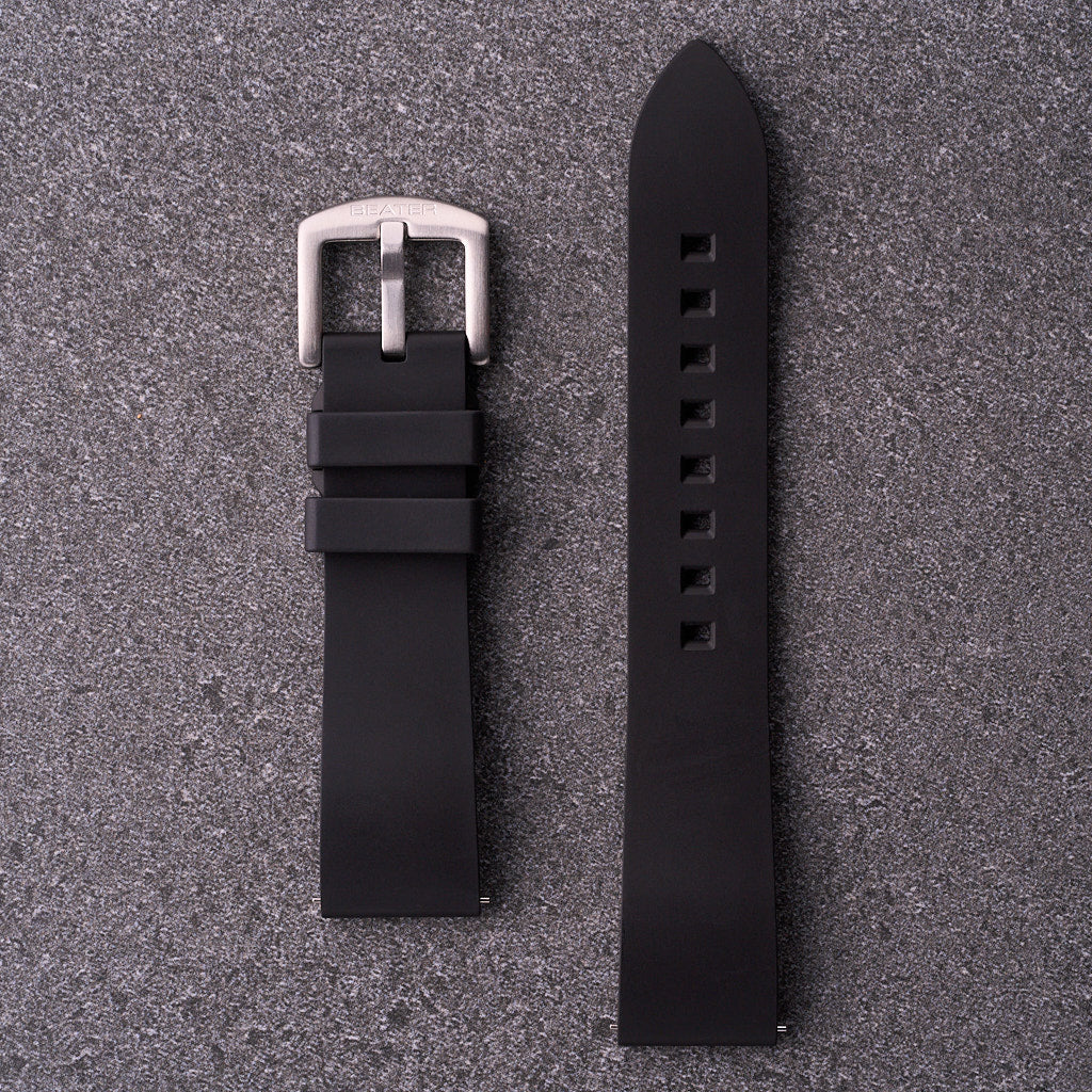 Black The Callaway FKM rubber watch strap 18mm 20mm 22mm and 24mm, soft waterproof replacement band for everyday and sport watches including smartwatches.