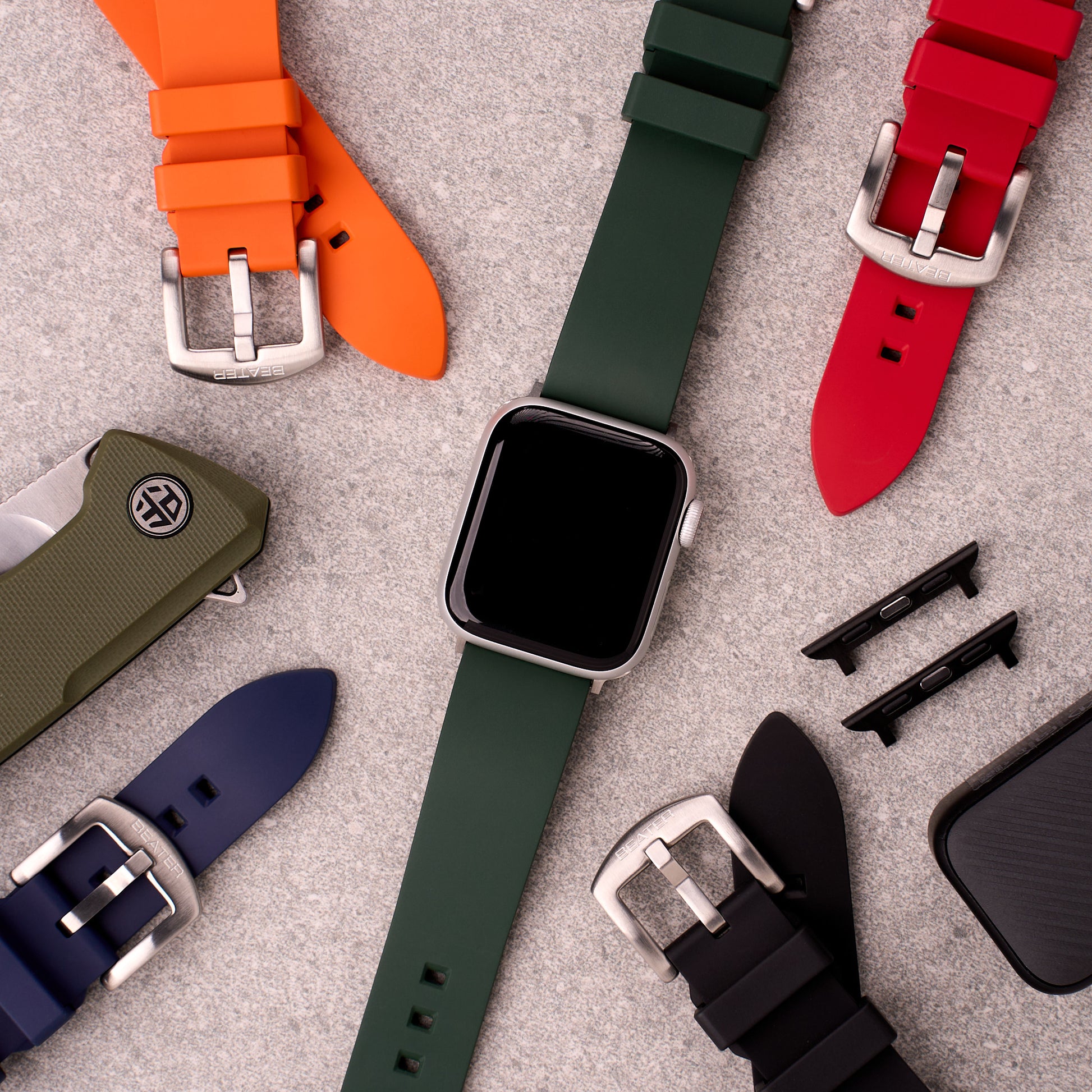 The Callaway FKM rubber Apple Watch band, colour range laid out together