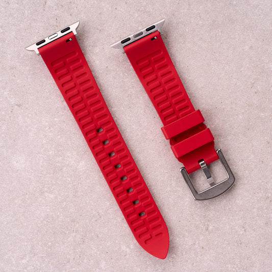 The Callaway FKM rubber Apple Watch band in Red, back view showing the quick release pin and strap size marking