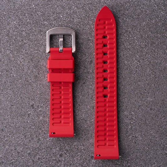Underside of The Callaway red FKM rubber strap highlighting channelled underside and buckle, compatible with 18mm 20mm 22mm and 24mm lug widths.