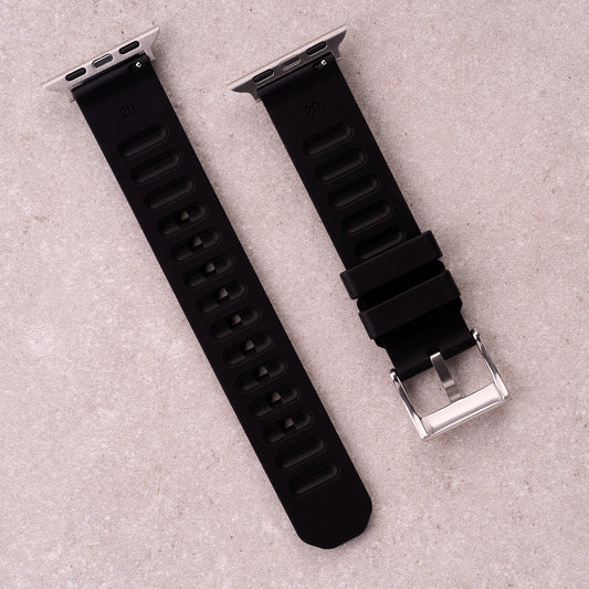 The Gatton FKM rubber Apple Watch band in Black, back view showing the quick release pin and strap size marking