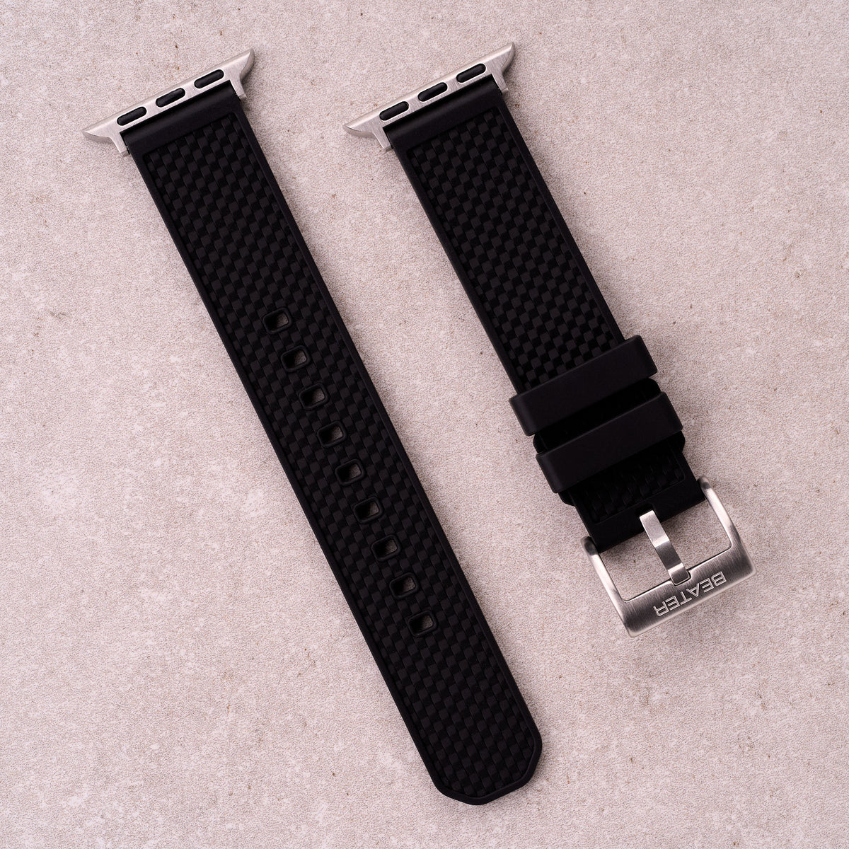 The Gatton FKM rubber Apple Watch band in Black, front view showing the full strap and buckle