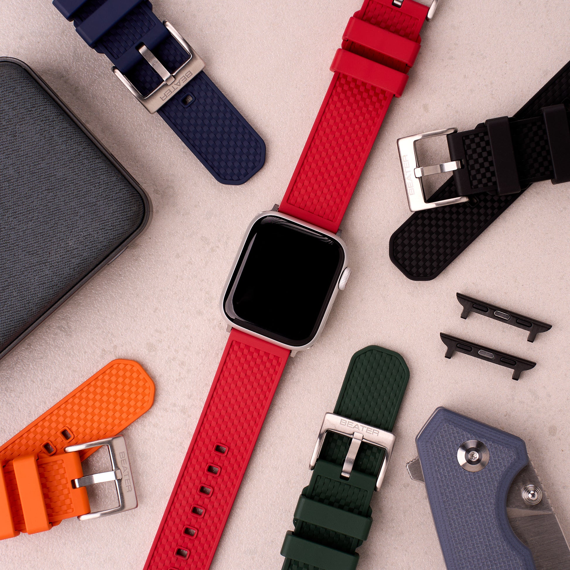 The Gatton FKM rubber Apple Watch band, colour range laid out together