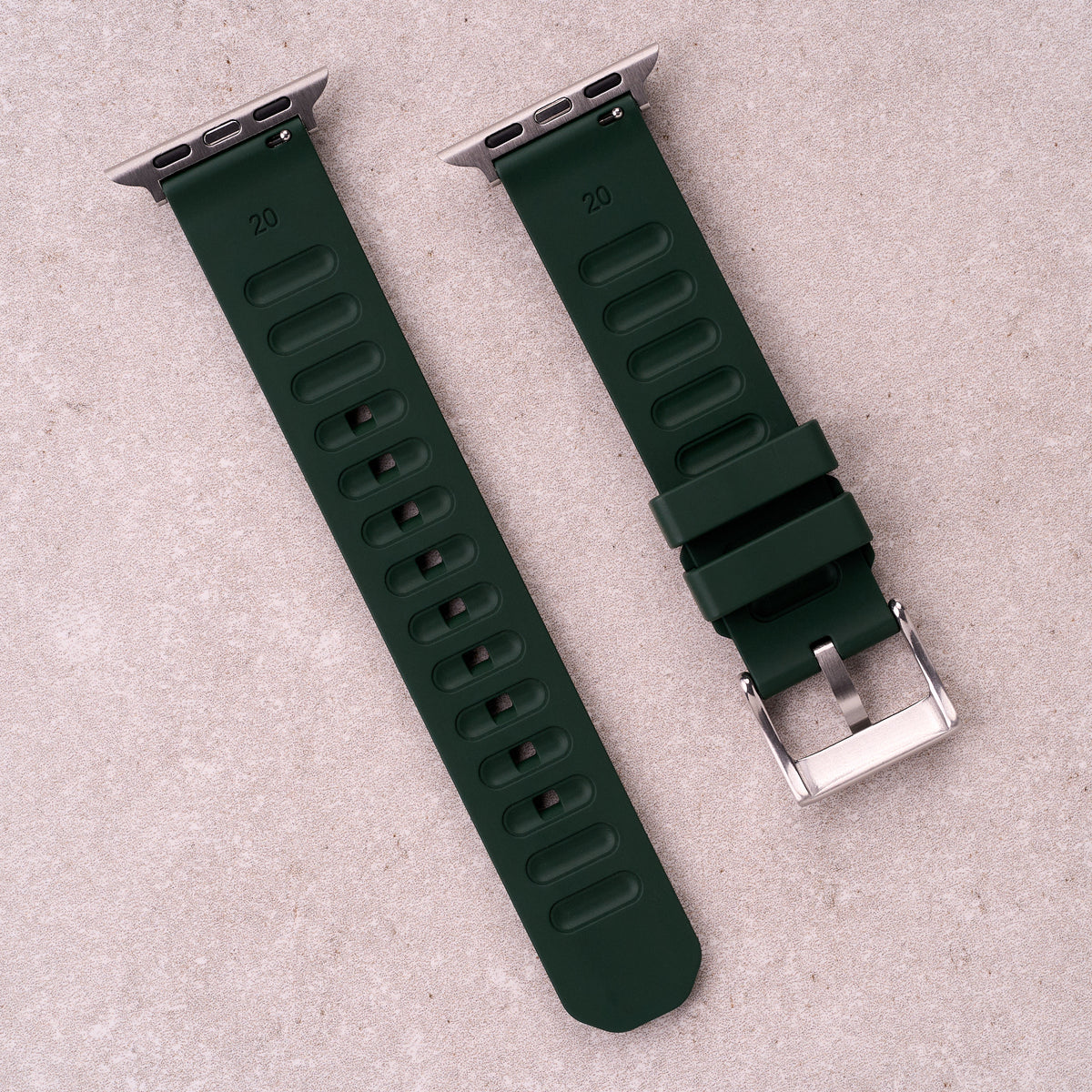 The Gatton FKM rubber Apple Watch band in Forest Green, back view showing the quick release pin and strap size marking