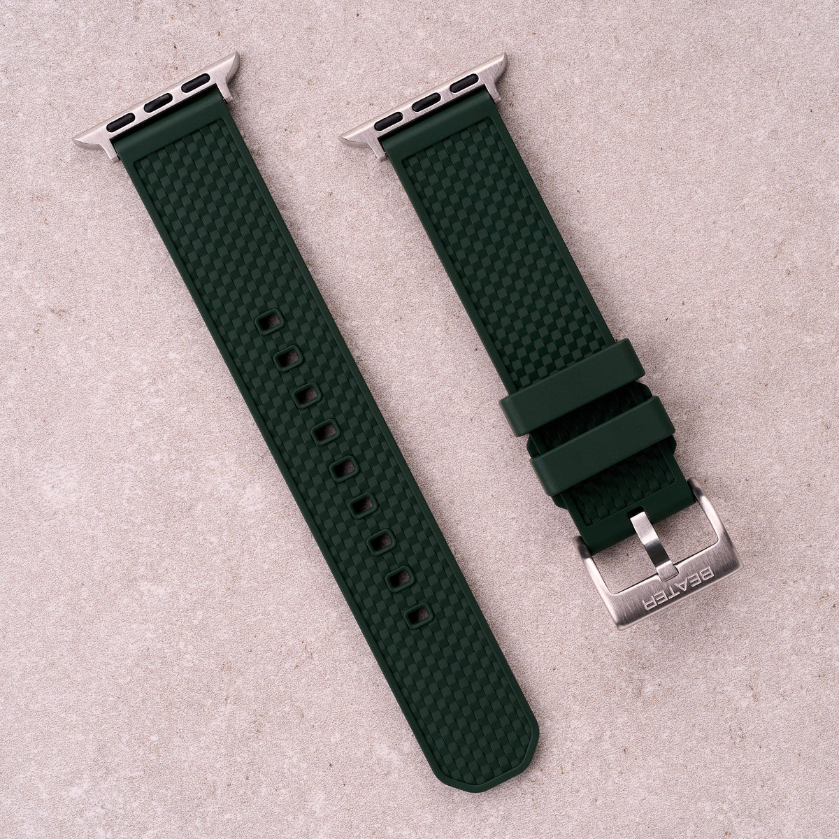 The Gatton FKM rubber Apple Watch band in Forest Green, front view showing the full strap and buckle