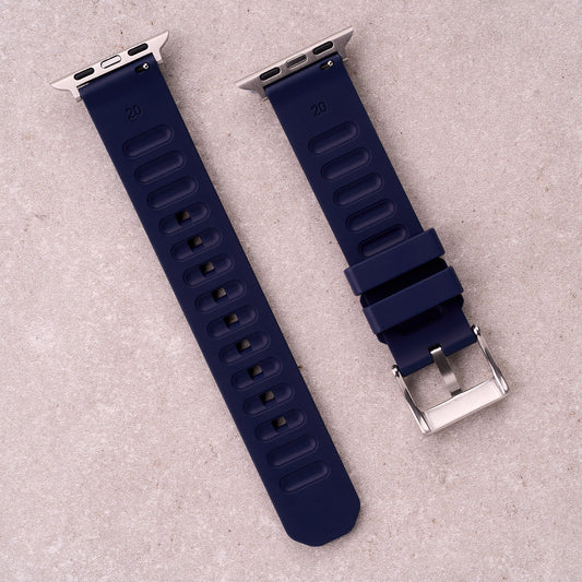 The Gatton FKM rubber Apple Watch band in Navy Blue, back view showing the quick release pin and strap size marking