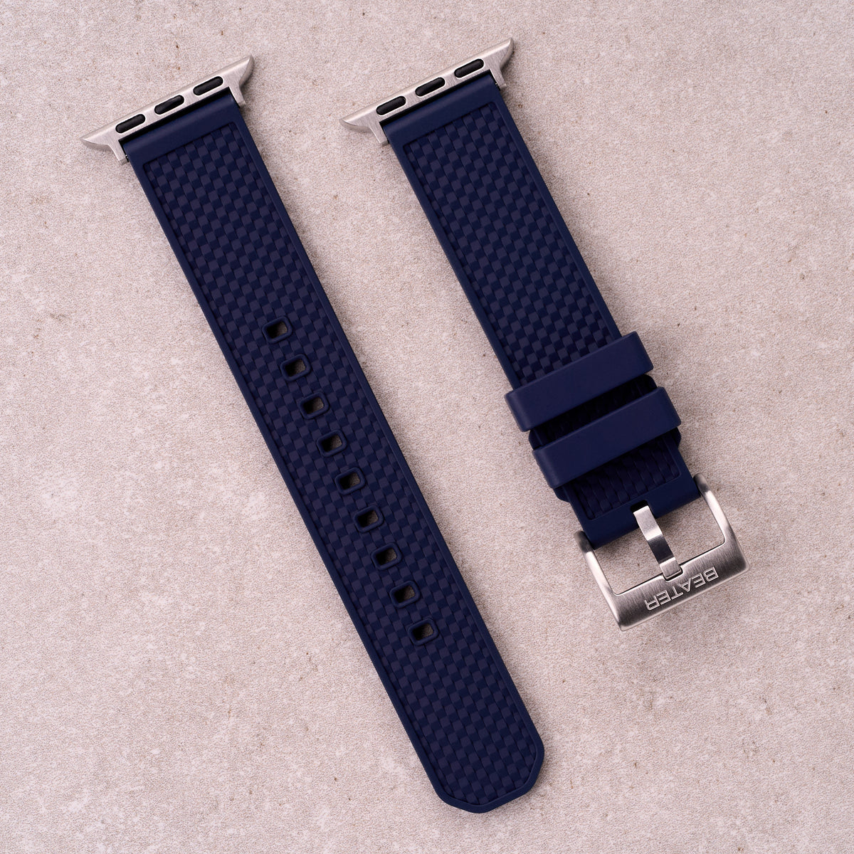 The Gatton FKM rubber Apple Watch band in Navy Blue, front view showing the full strap and buckle