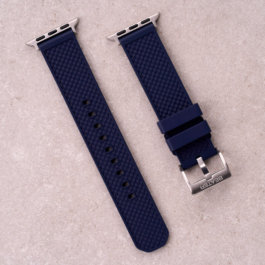 The Gatton FKM rubber Apple Watch band in Navy Blue, front view showing the full strap and buckle