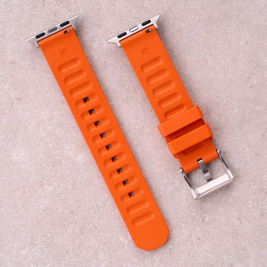 The Gatton FKM rubber Apple Watch band in Orange, back view showing the quick release pin and strap size marking