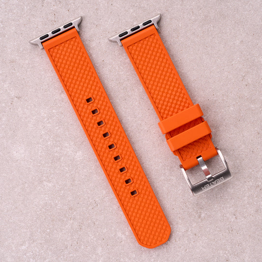 The Gatton FKM rubber Apple Watch band in Orange, front view showing the full strap and buckle