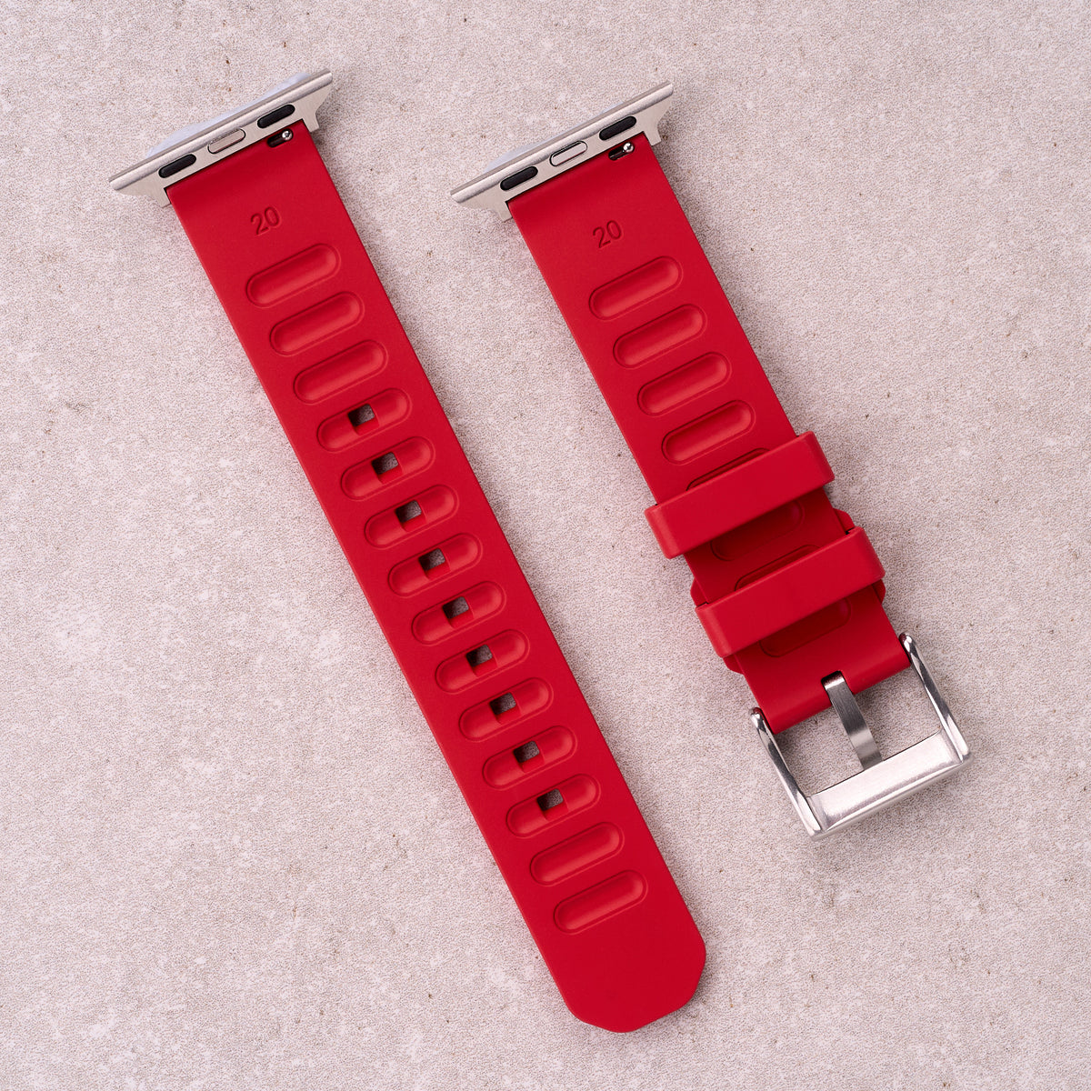 The Gatton FKM rubber Apple Watch band in Red, back view showing the quick release pin and strap size marking
