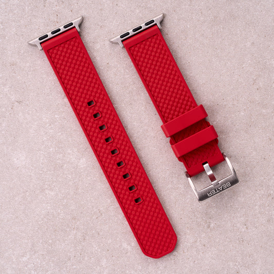 The Gatton FKM rubber Apple Watch band in Red, front view showing the full strap and buckle