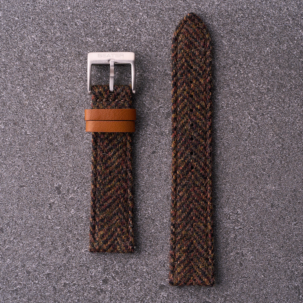 The Hamilton brown tweed watch strap, earthy herringbone fabric watch band with leather accents, offered in 18mm 20mm and 22mm lug widths.