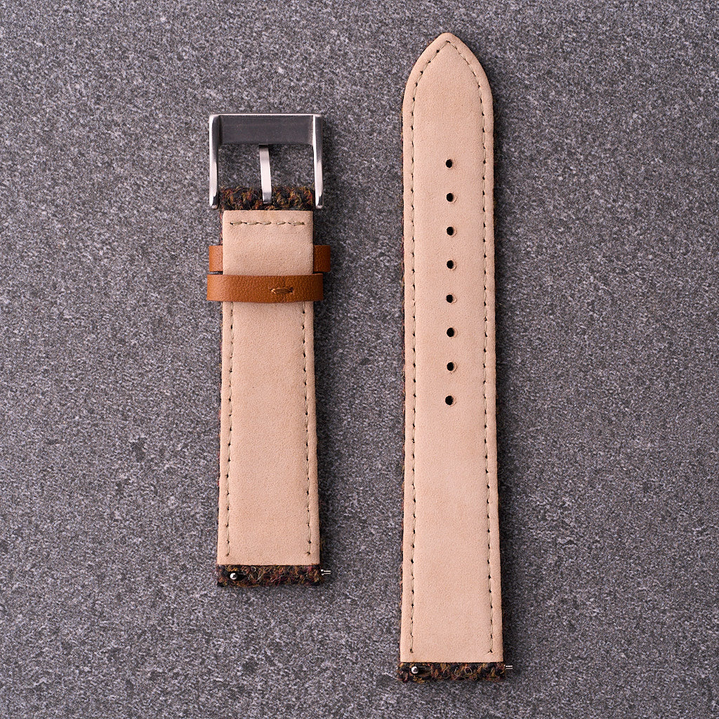 Back of The Hamilton brown tweed strap showing full leather lining and stitching for comfort and durability.