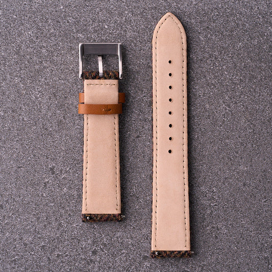 Back of The Hamilton brown tweed strap showing full leather lining and stitching for comfort and durability.