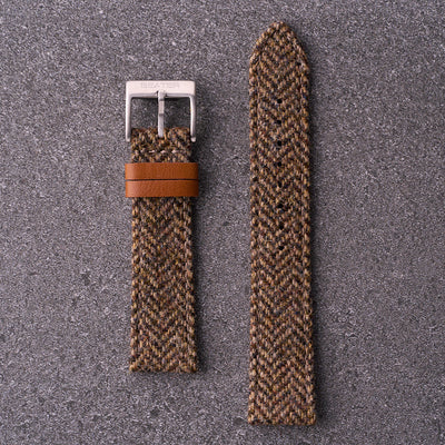 The Hamilton khaki tweed watch strap with tan leather keeper and buckle, casual fabric watch band in 18mm 20mm and 22mm sizes for field and pilot watches.