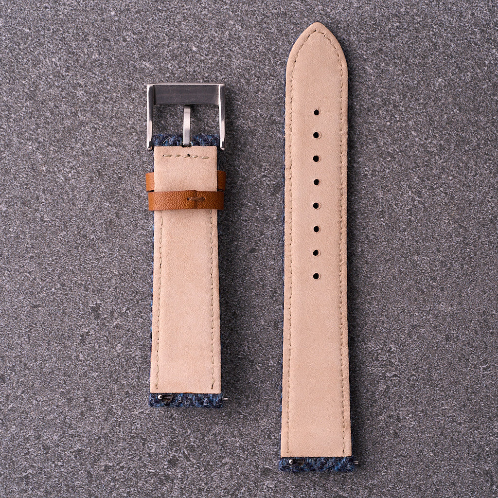 Underside of The Hamilton navy blue tweed strap showing smooth leather lining and adjustment holes for 18mm 20mm and 22mm watches.
