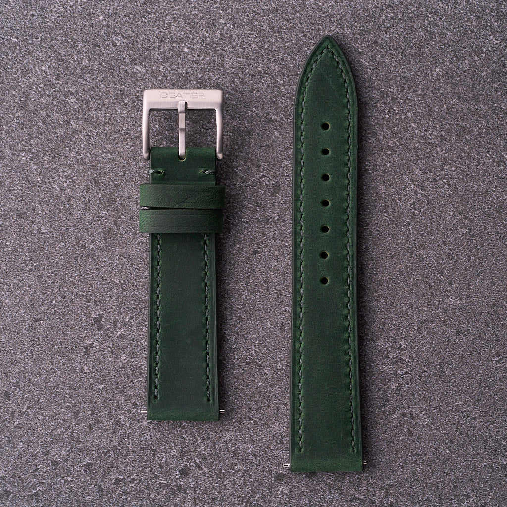 The Harrington forest green leather watch band with stitched edges and brushed buckle, refined leather strap in 18mm 20mm and 22mm widths.