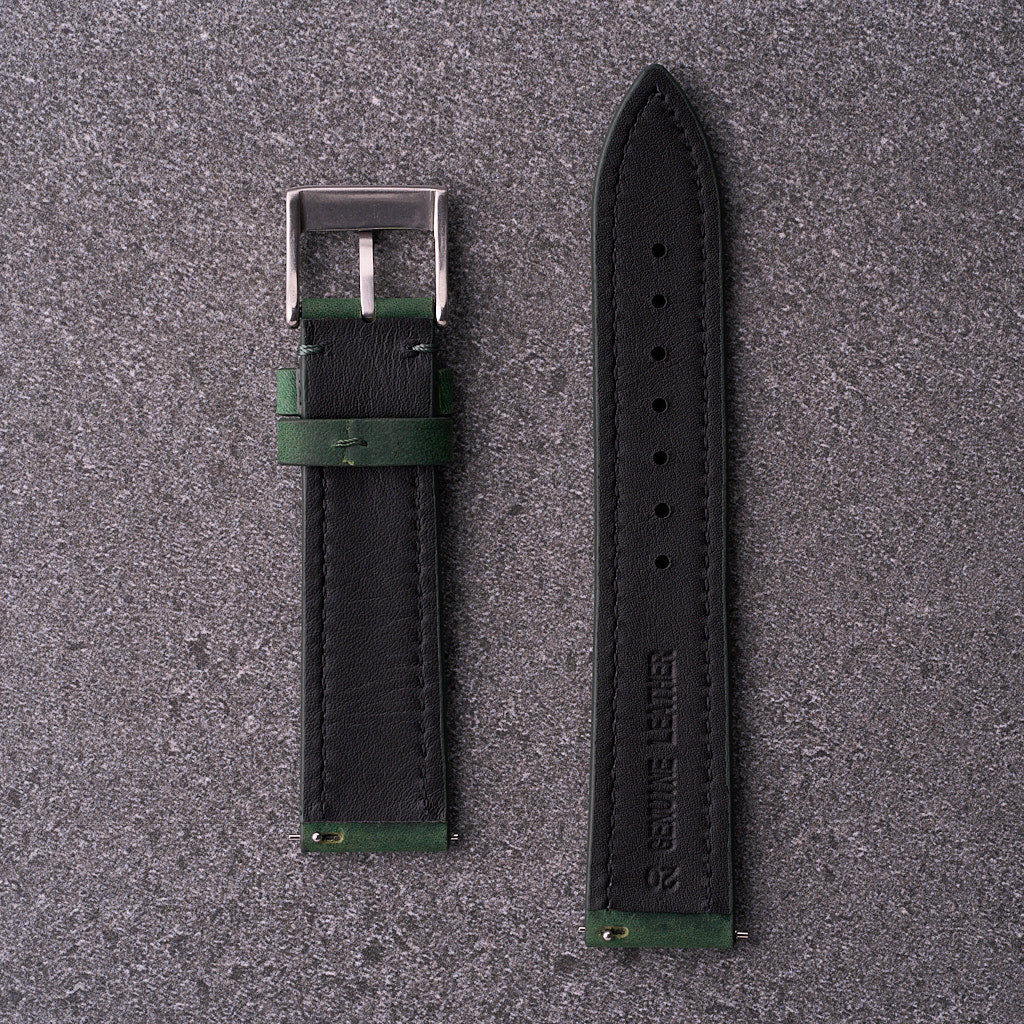 Back view of The Harrington forest green leather strap showing padded profile and soft lining for comfortable wear.