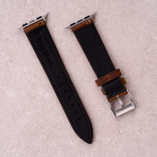 The Harrington leather Apple Watch band in Brown, back view showing the quick release pin and strap size marking
