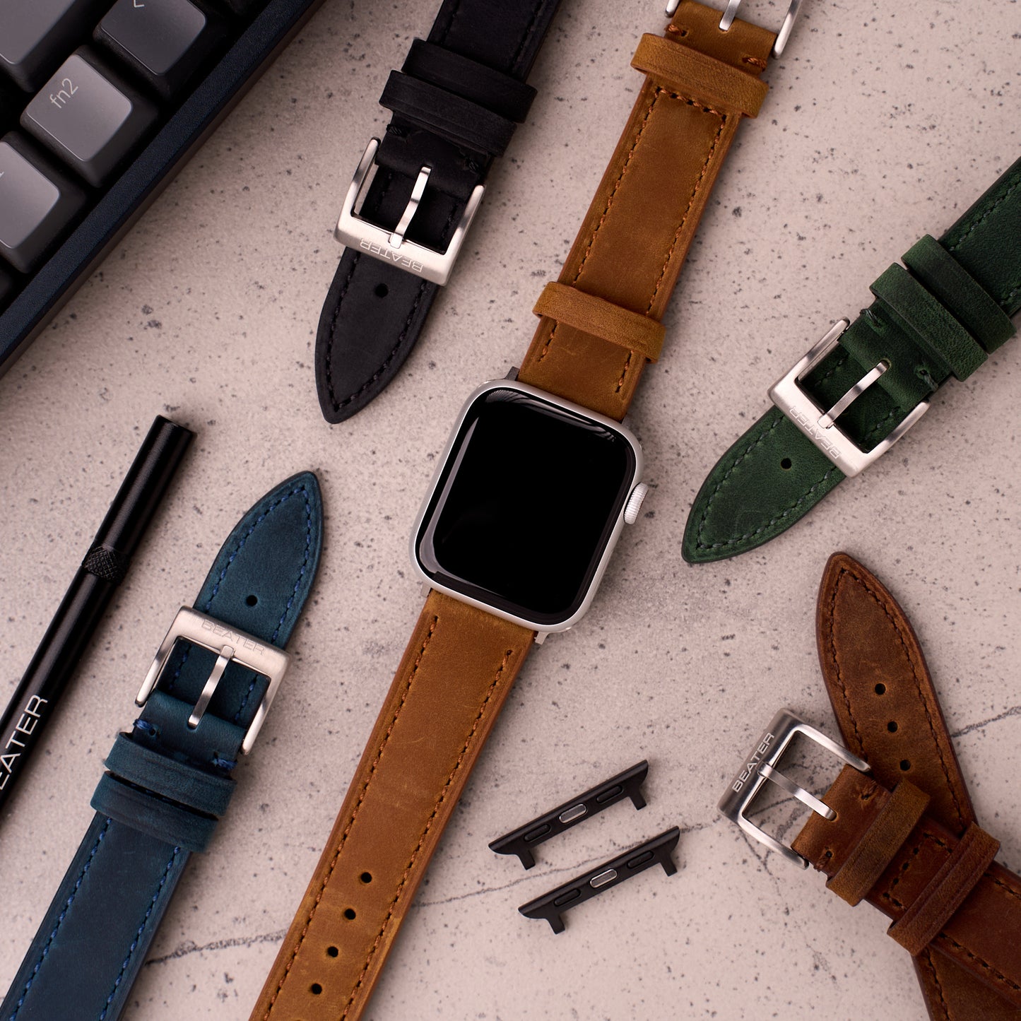 The Harrington leather Apple Watch band, colour range laid out together