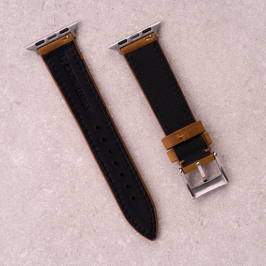 The Harrington leather Apple Watch band in Light Brown, back view showing the quick release pin and strap size marking