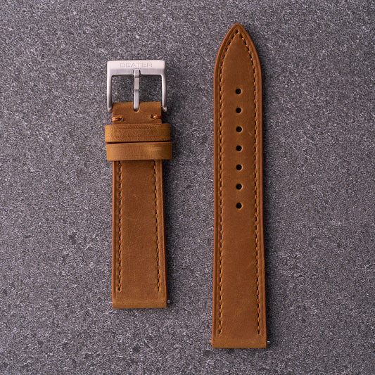 The Harrington light brown leather watch band with polished buckle, pale tan leather strap in 18mm 20mm and 22mm for dress and everyday watches.