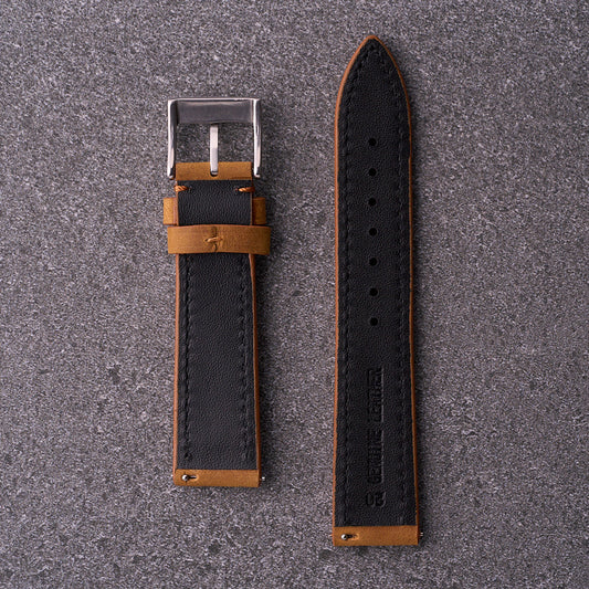 Back of The Harrington light brown leather strap showing smooth lining and gentle padding for comfortable all-day wear.