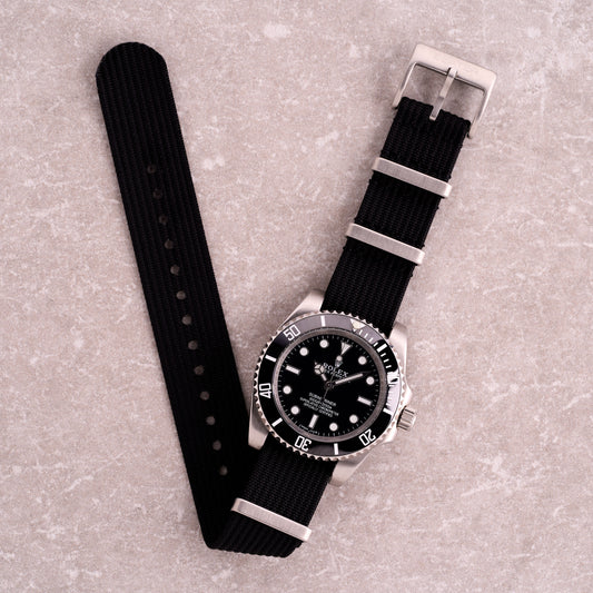 The Operator black corrugated NATO strap, heavy-duty nylon one-piece watch band with brushed hardware for tool and field watches.