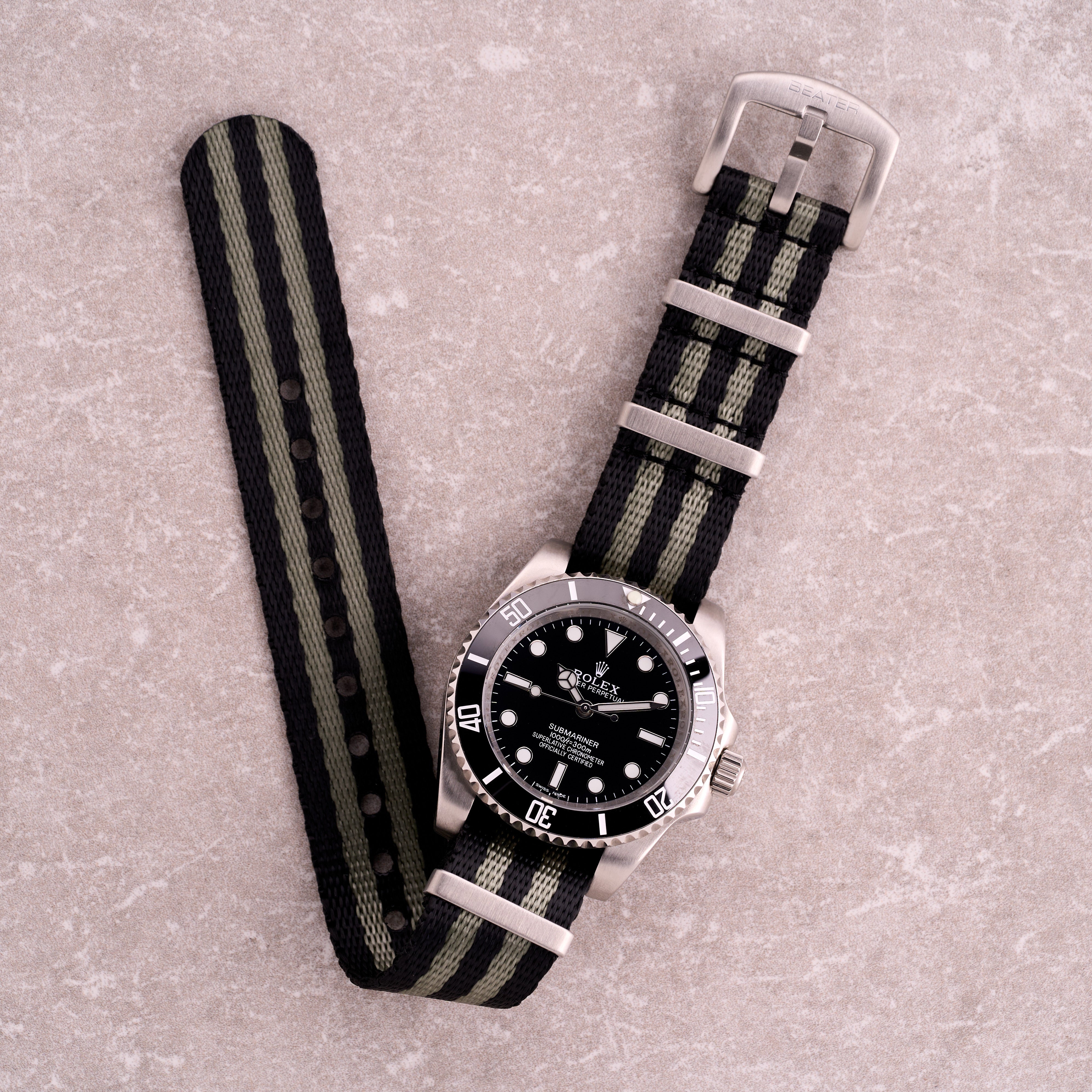 The Sentinel James Bond black and grey stripe NATO strap, seatbelt nylon one-piece watch band inspired by the classic 007 design.