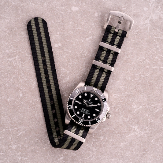 The Sentinel James Bond black and grey stripe NATO strap, seatbelt nylon one-piece watch band inspired by the classic 007 design.