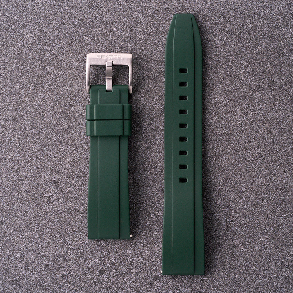 The Specter army green FKM rubber watch band in 18mm 20mm 22mm and 24mm, tactical-style strap for field watches.