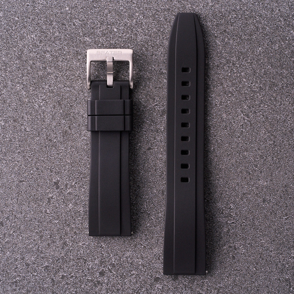 The Specter black FKM rubber watch strap in 18mm 20mm 22mm and 24mm, slim waterproof band with a clean profile.