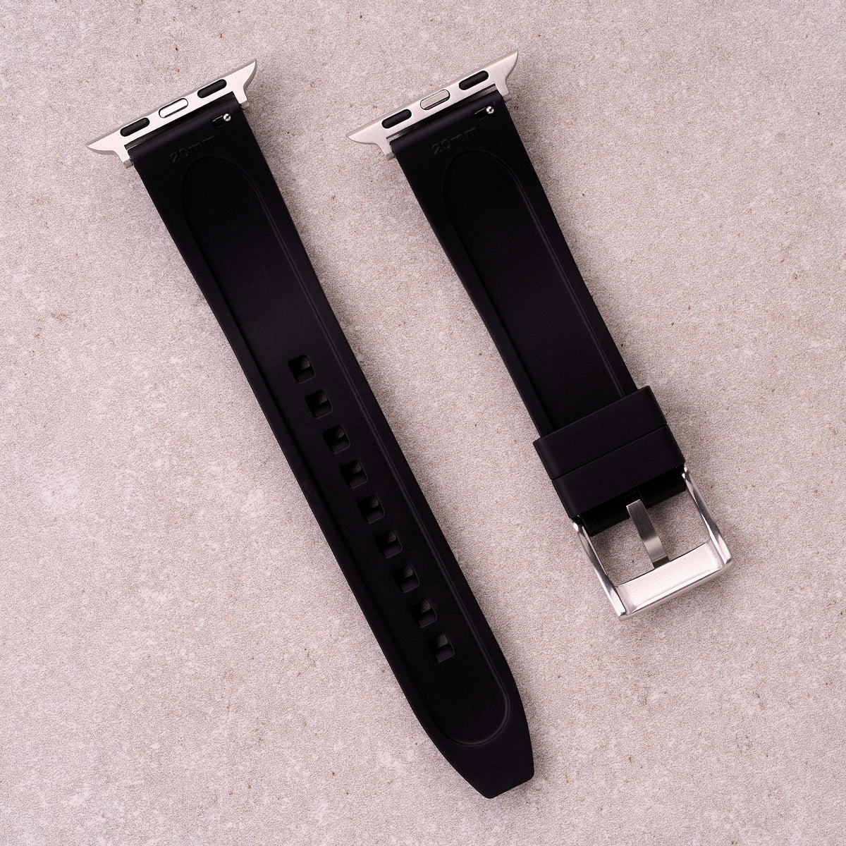 The Specter FKM rubber Apple Watch band in Black, back view showing the quick release pin and strap size marking