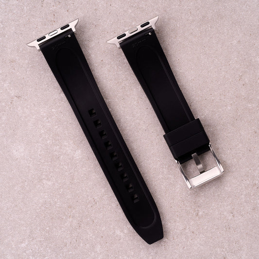 The Specter FKM rubber Apple Watch band in Black, back view showing the quick release pin and strap size marking