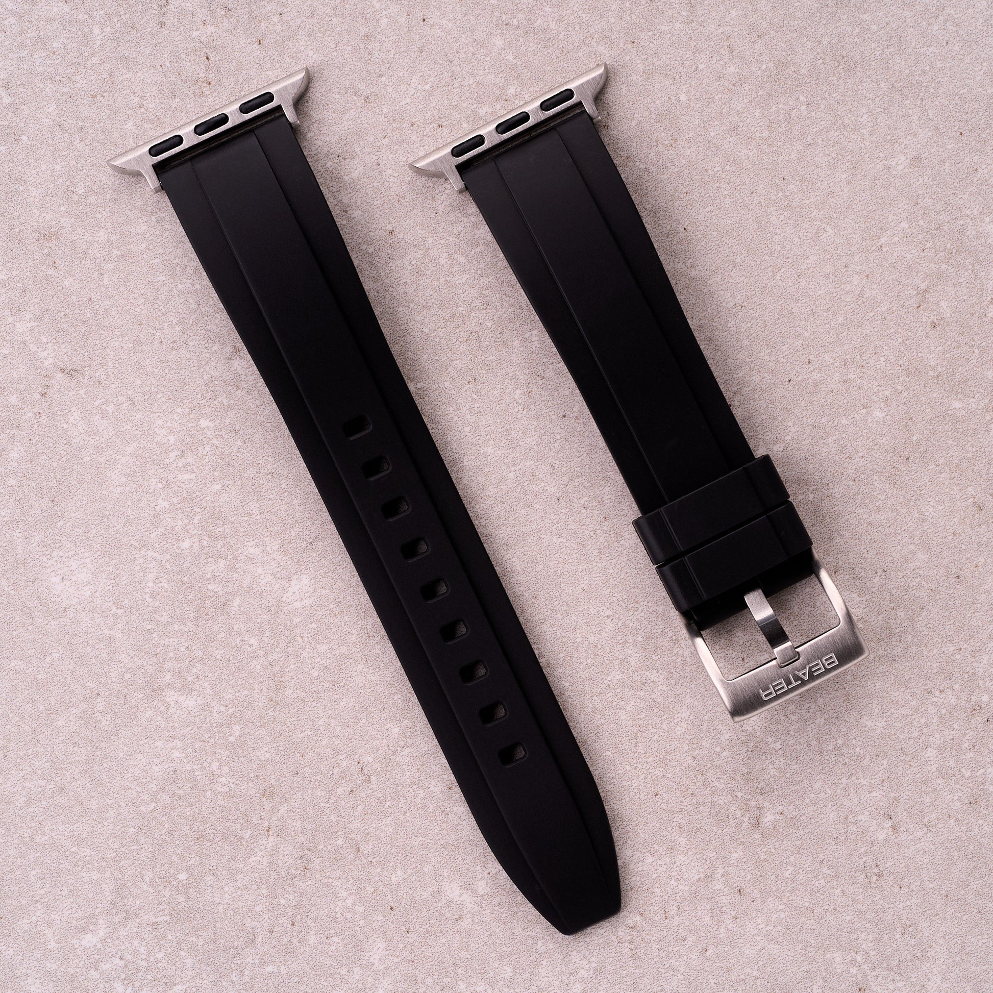 The Specter FKM rubber Apple Watch band in Black, front view showing the full strap and buckle