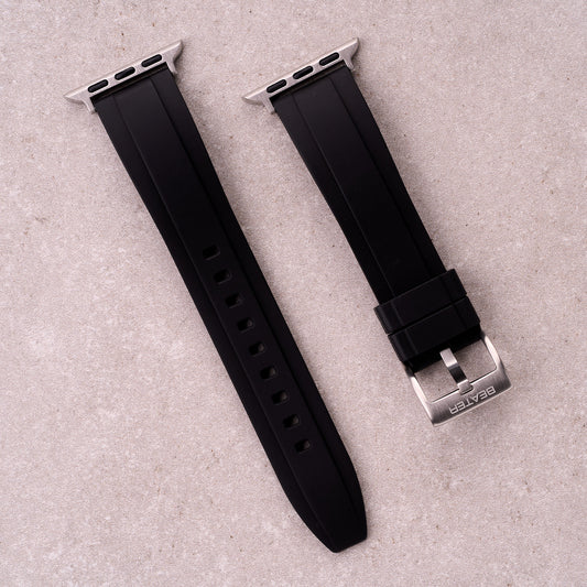 The Specter FKM rubber Apple Watch band in Black, front view showing the full strap and buckle